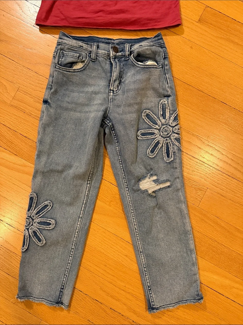 Girls Red Tank Top & Embroidered Denim Jeans Set